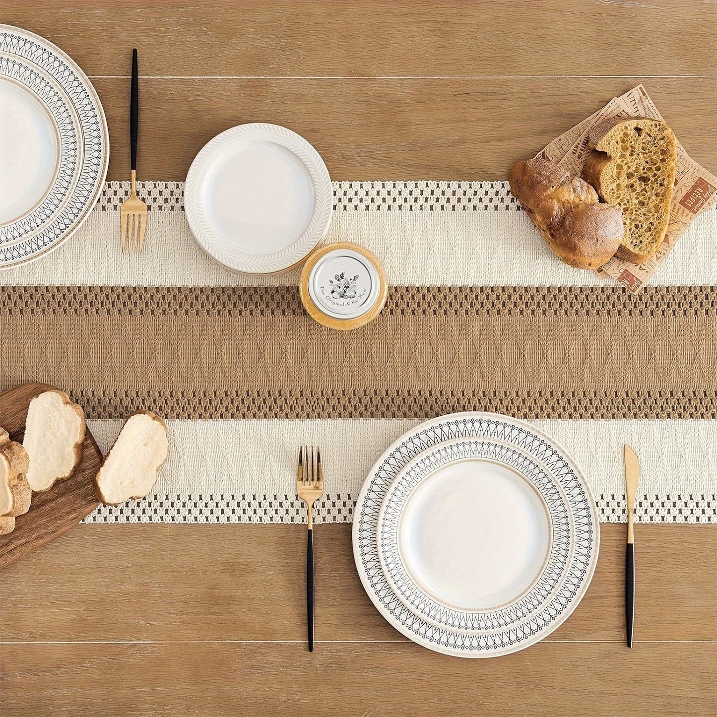 Bohemian Crochet Table Runner with Tassels  CreamBrown