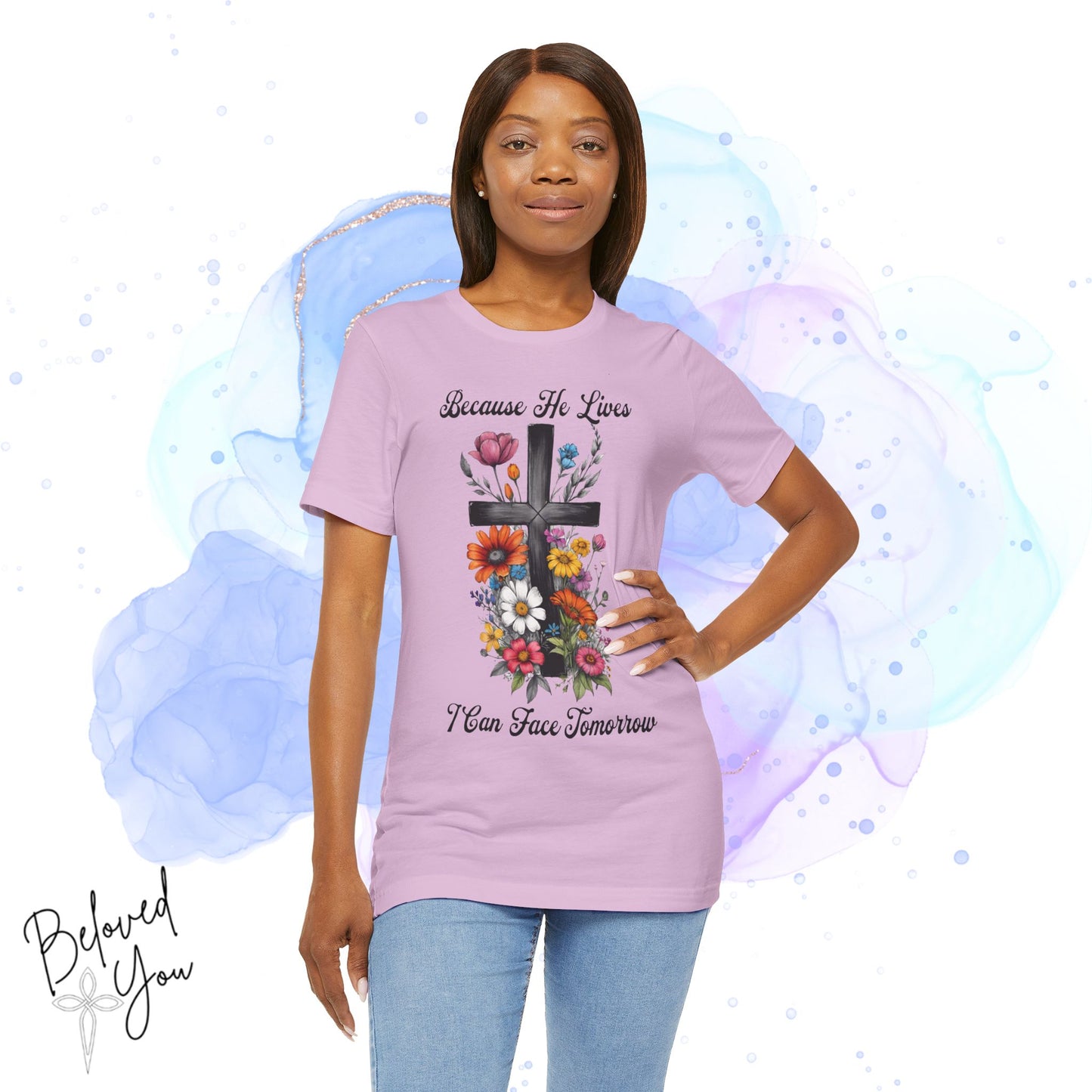 "Because He Lives Floral Cross" -  Unisex Tee