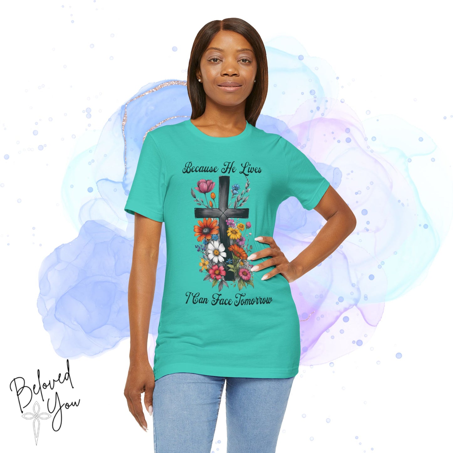 "Because He Lives Floral Cross" -  Unisex Tee