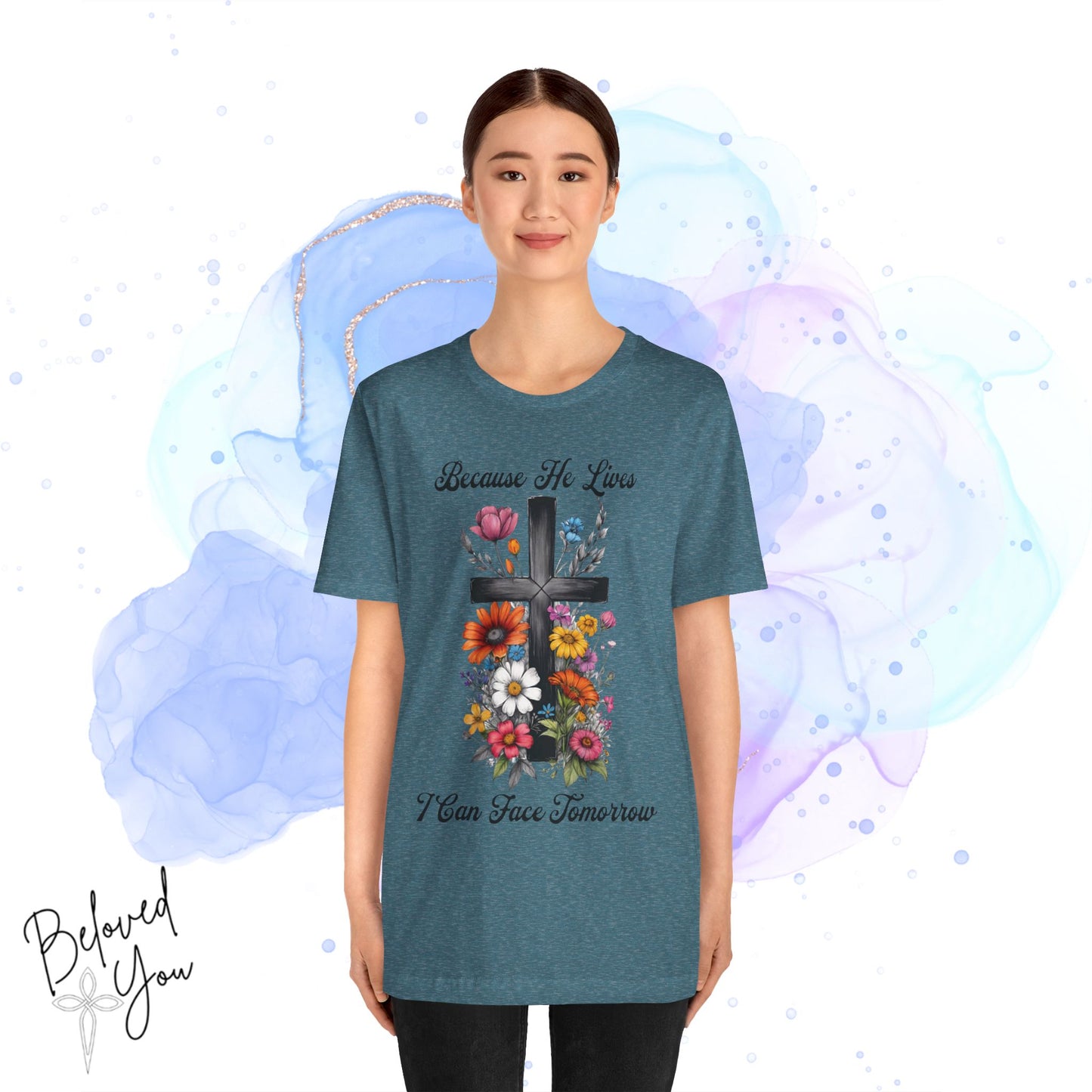 "Because He Lives Floral Cross" -  Unisex Tee