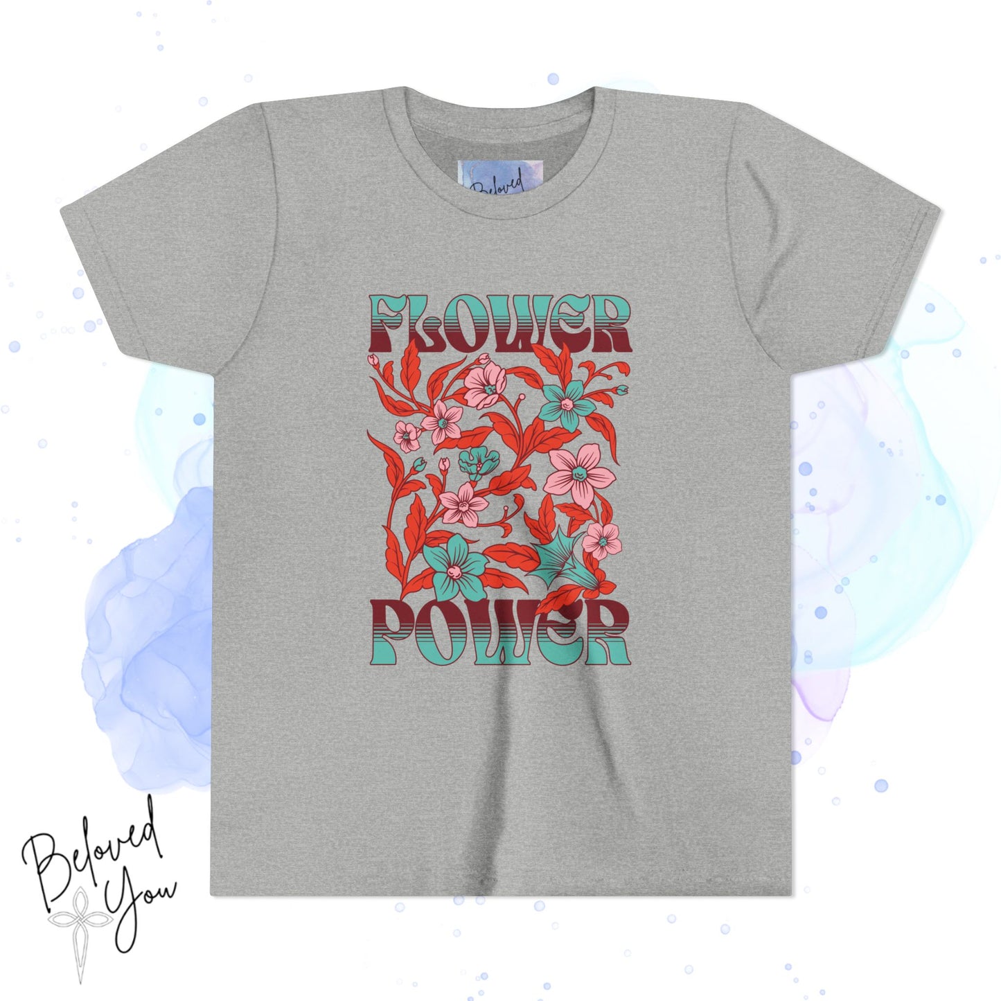 Flower Power Teal/Red Youth Short Sleeve Tee | Floral Youth T-Shirt