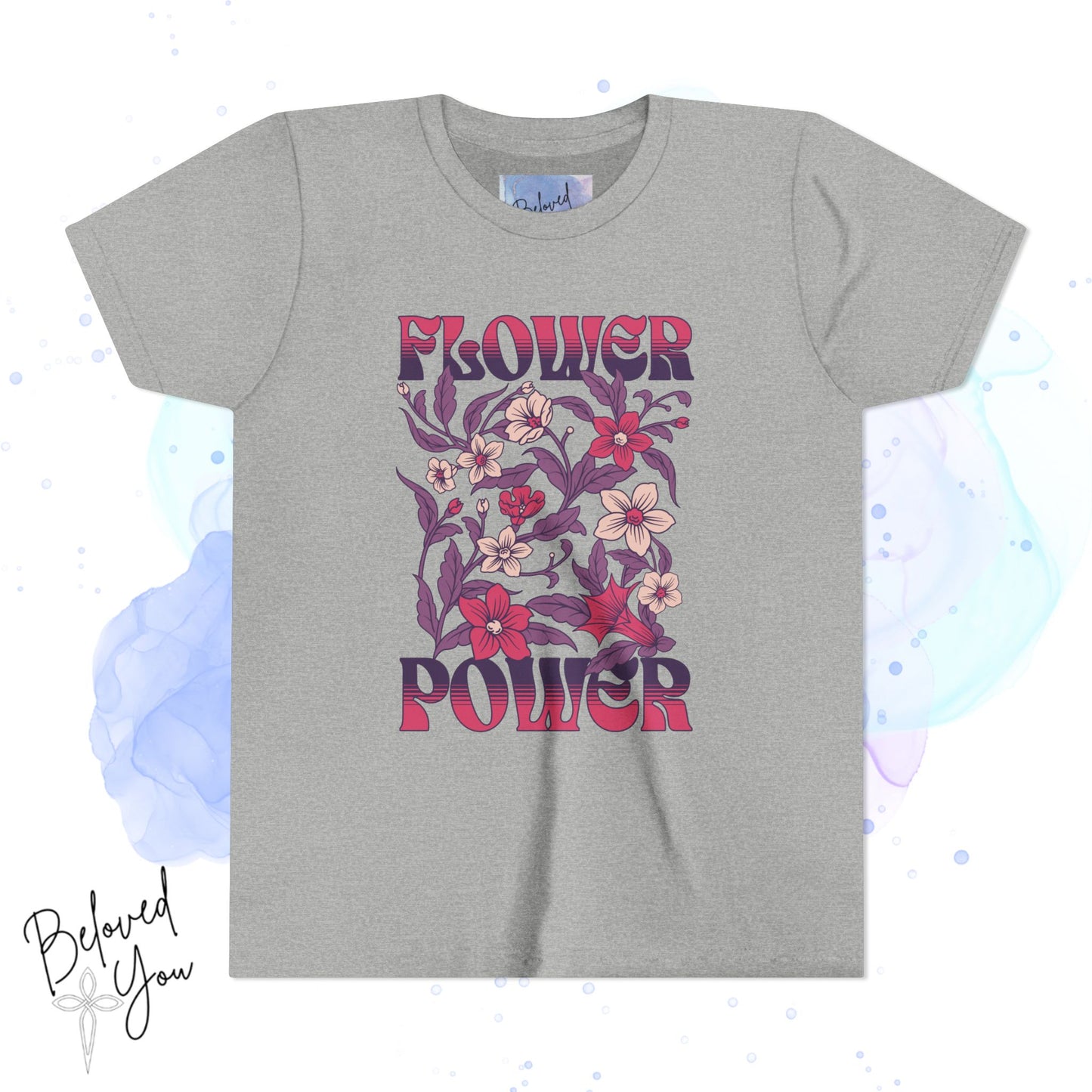 Flower Power Pink/Purple Youth Short Sleeve Tee | Floral Youth T-Shirt