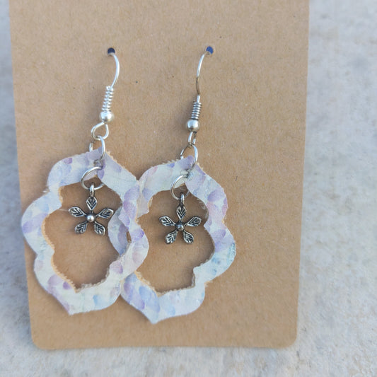 Handmade watercolor cork earrings eith silver dangling flower