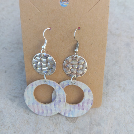 Handmade watercolor dangle earrings with silver disk detail