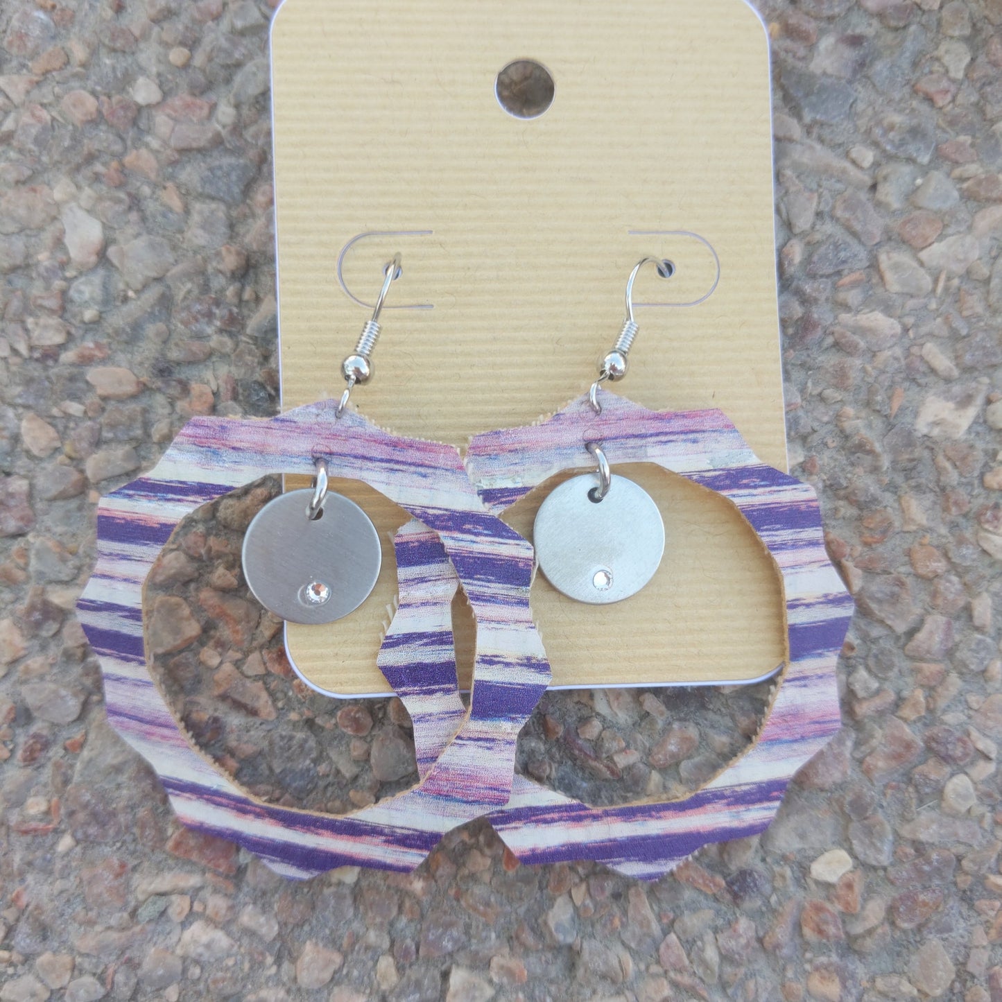 Handmade purple striped faux leather earrings