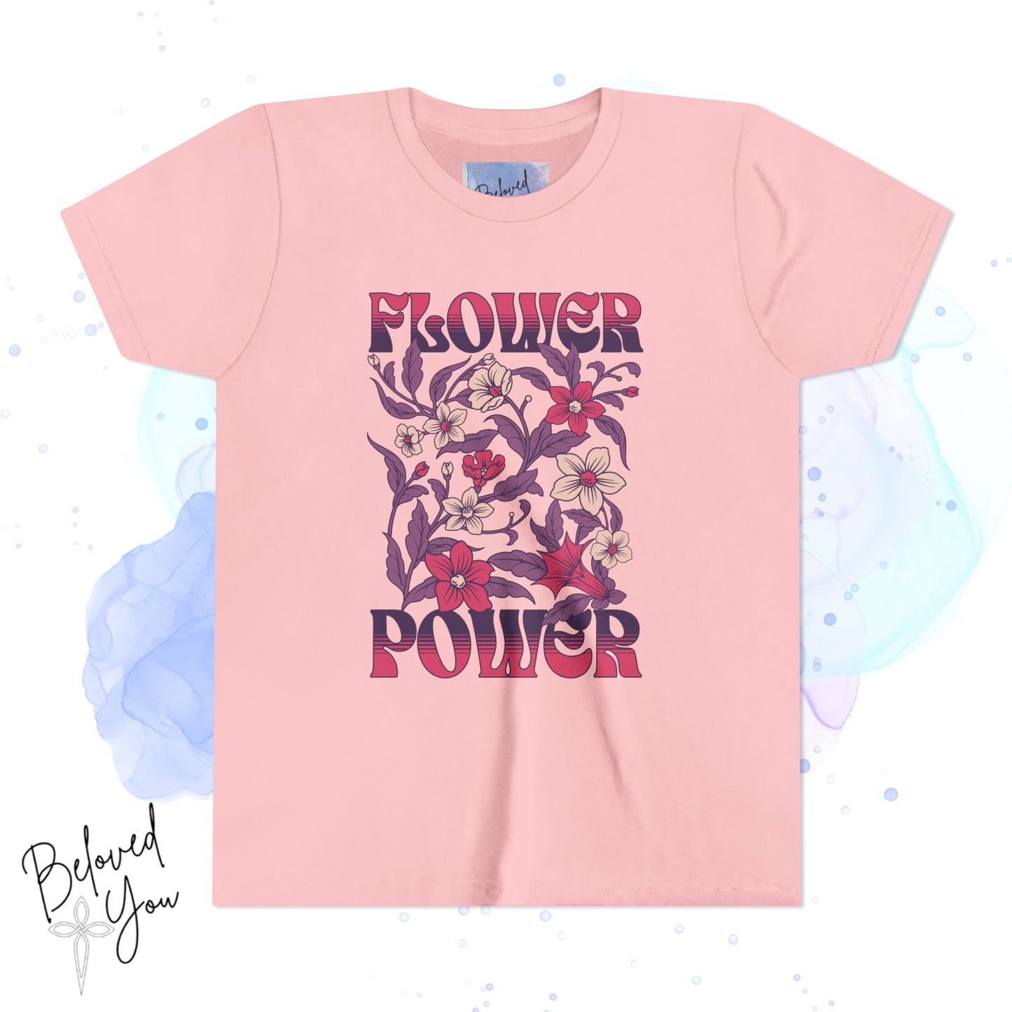 Flower Power Pink/Purple Youth Short Sleeve Tee | Floral Youth T-Shirt