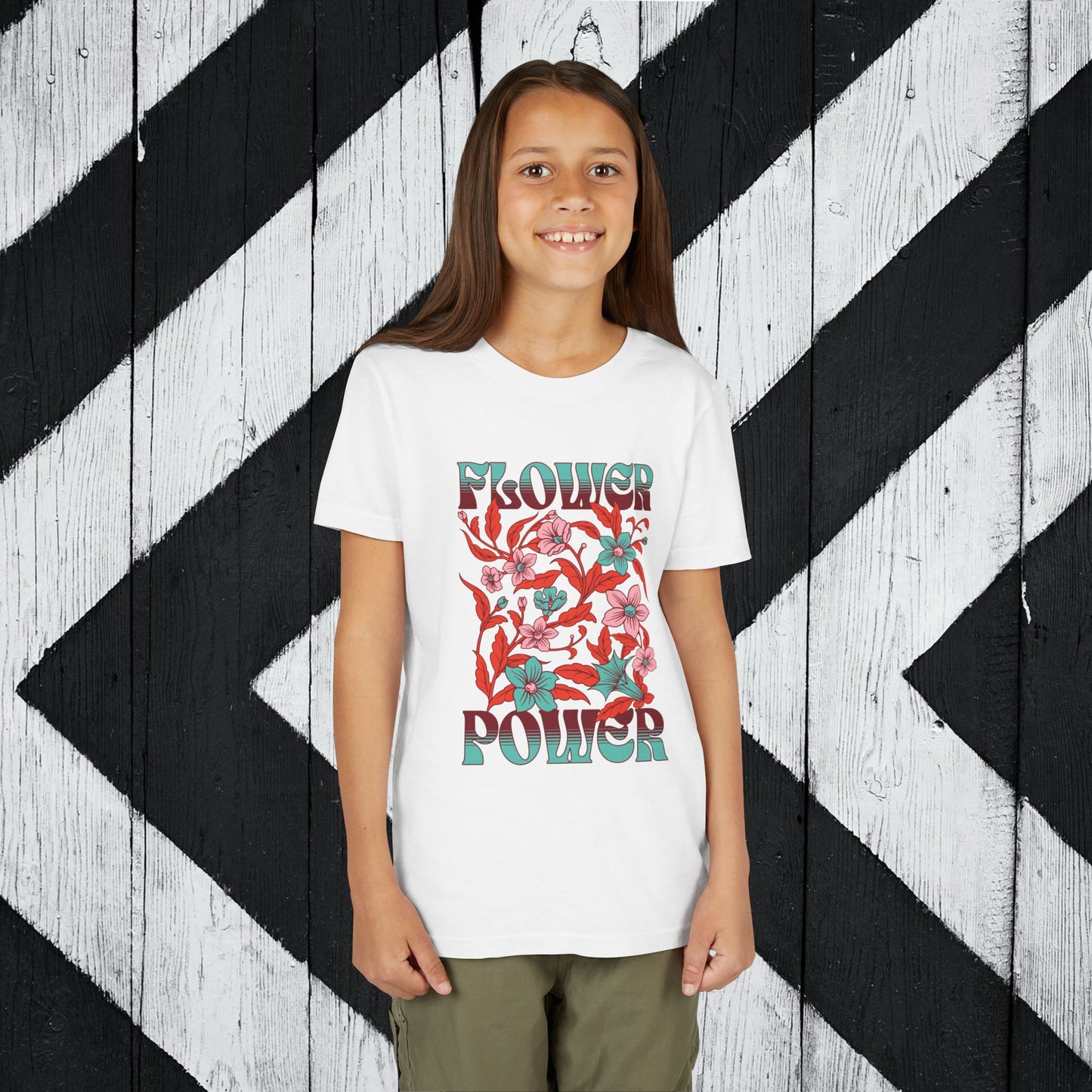 Flower Power Teal/Red Youth Short Sleeve Tee | Floral Youth T-Shirt