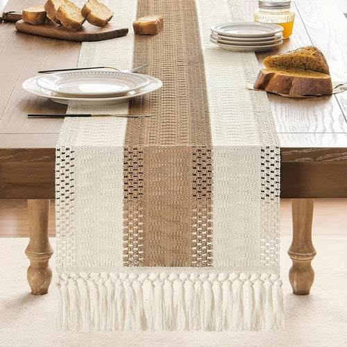 Bohemian Crochet Table Runner with Tassels  CreamBrown