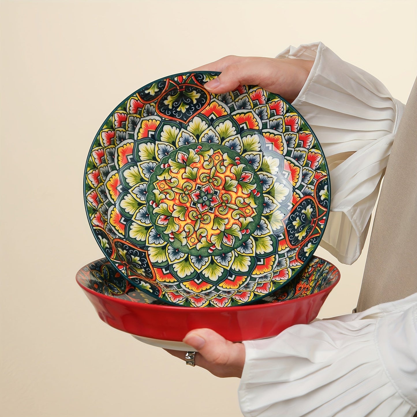 Bohemian Ceramic Dinner Plates Flower Design Microwave Safe