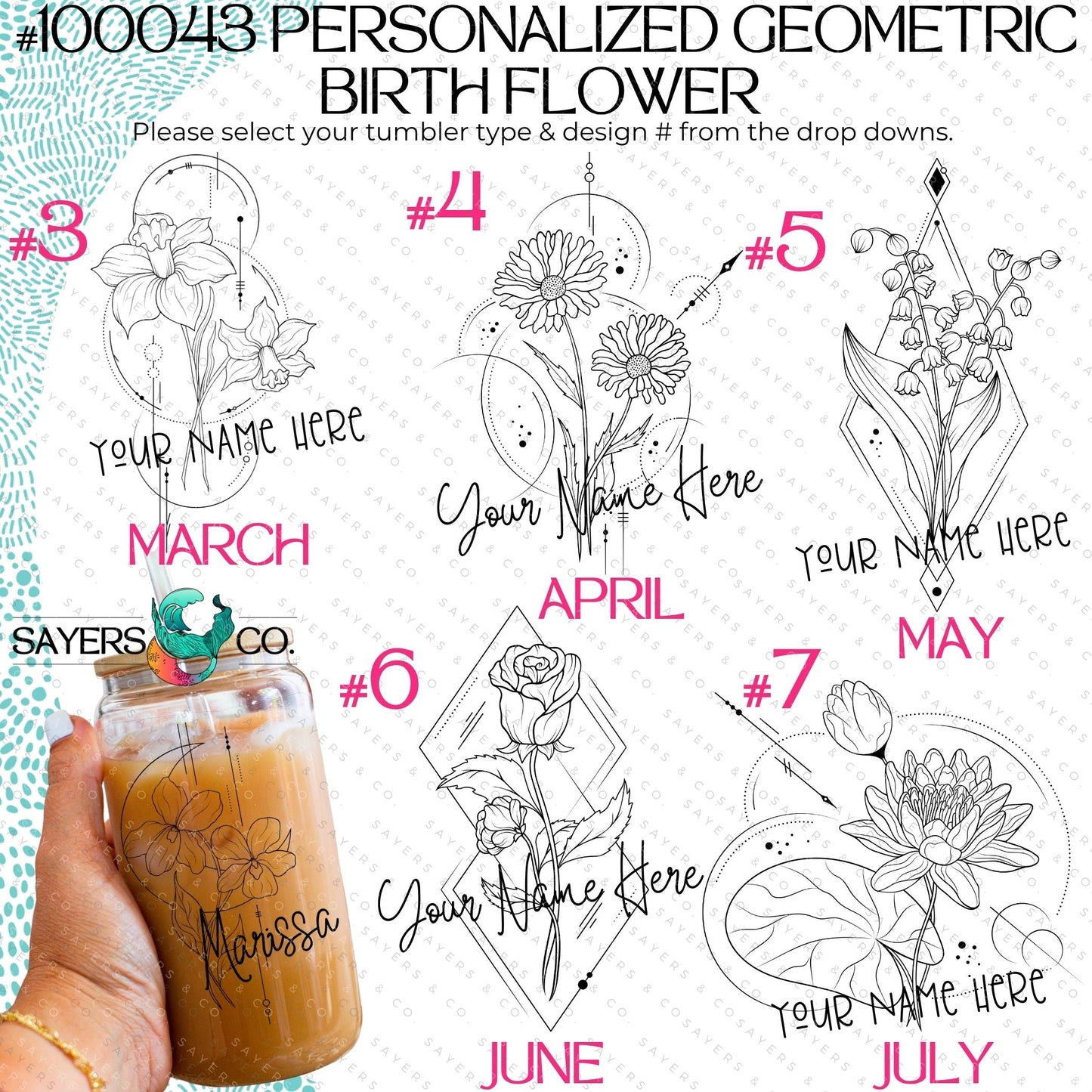 Personalized Birth Flower Glass Can with Bamboo Lid & Straw