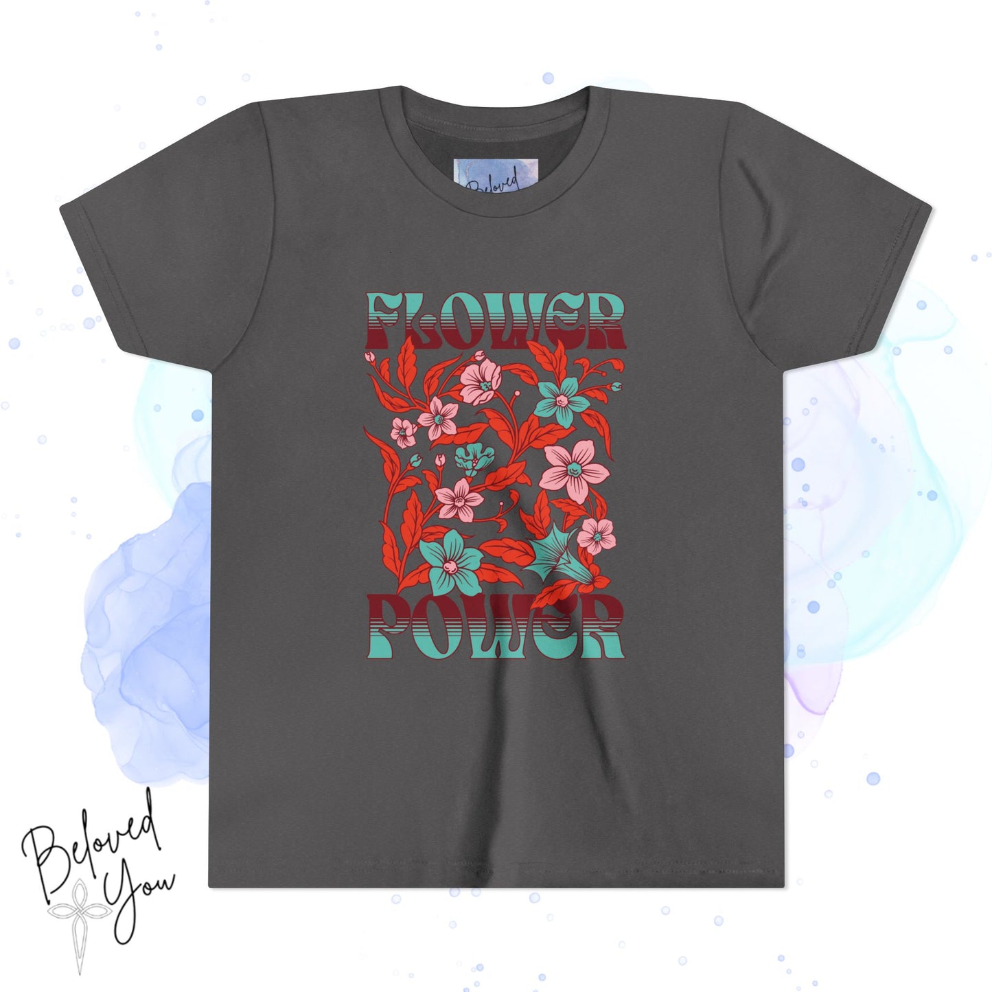 Flower Power Teal/Red Youth Short Sleeve Tee | Floral Youth T-Shirt