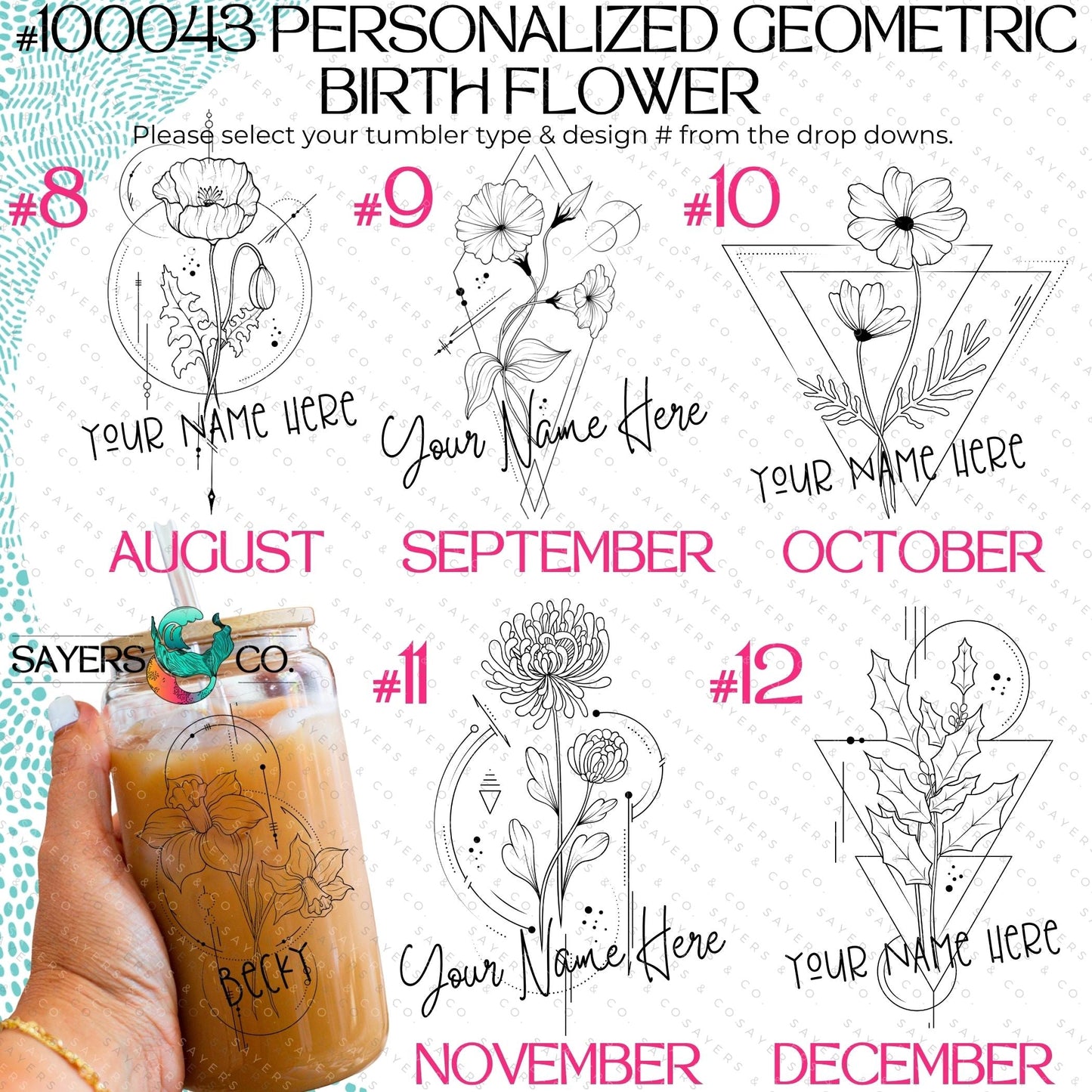 Personalized Birth Flower Glass Can with Bamboo Lid & Straw