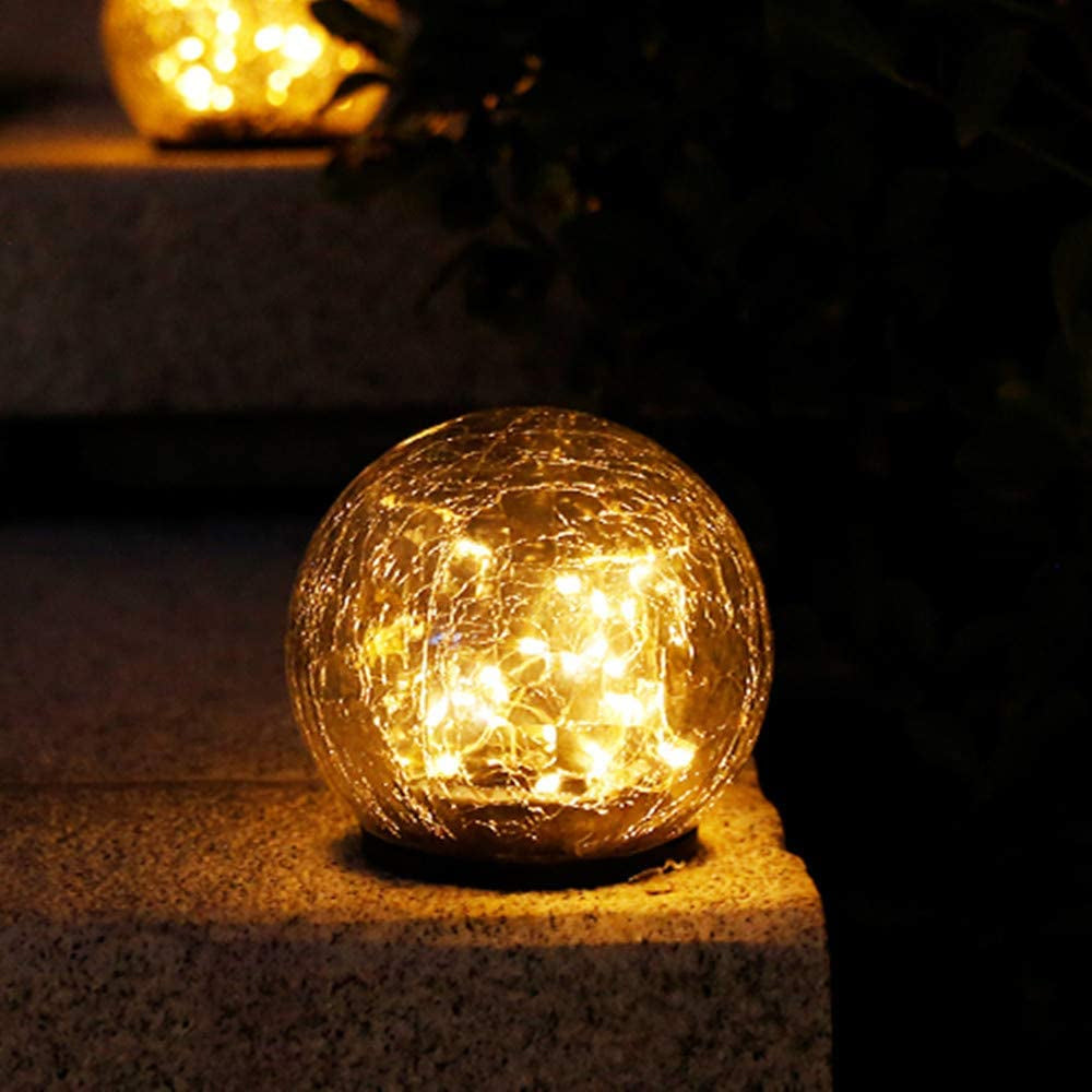 2Pcs Solar Lights Outdoor Cracked Glass Ball Warm Lights