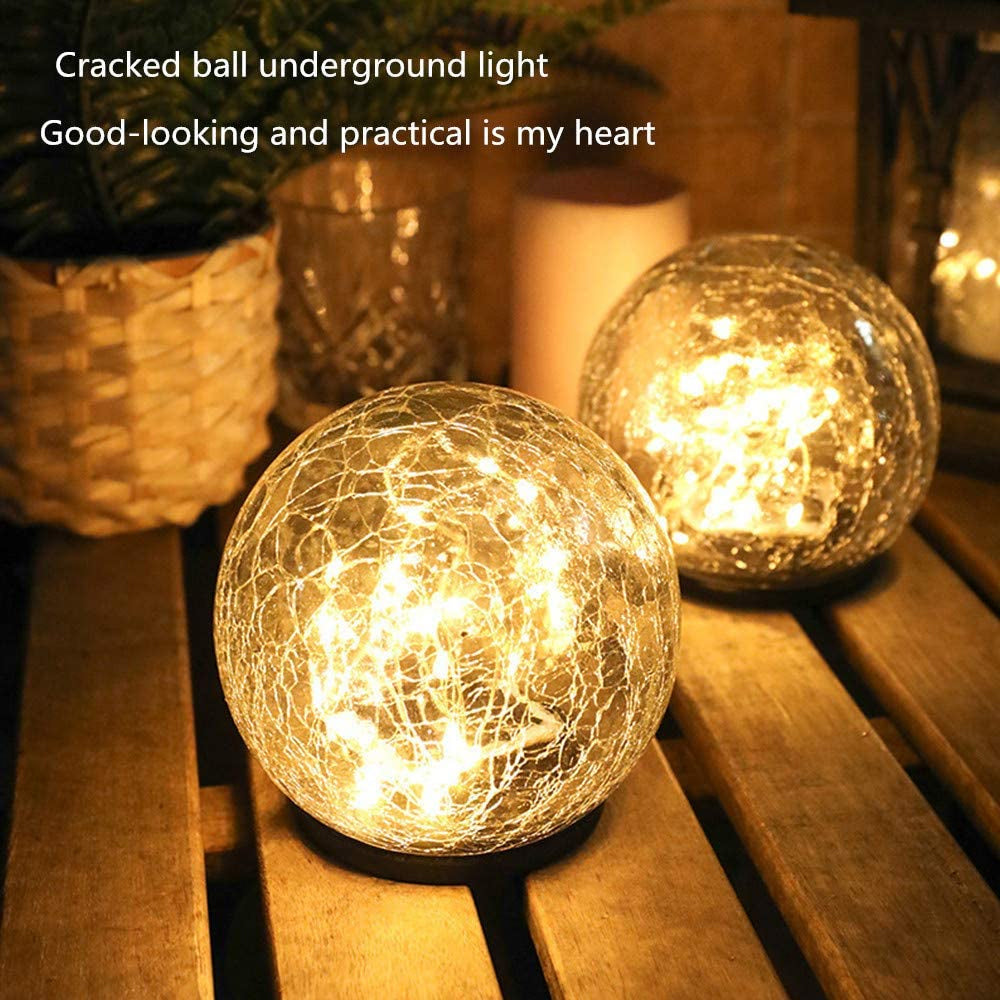 2Pcs Solar Lights Outdoor Cracked Glass Ball Warm Lights