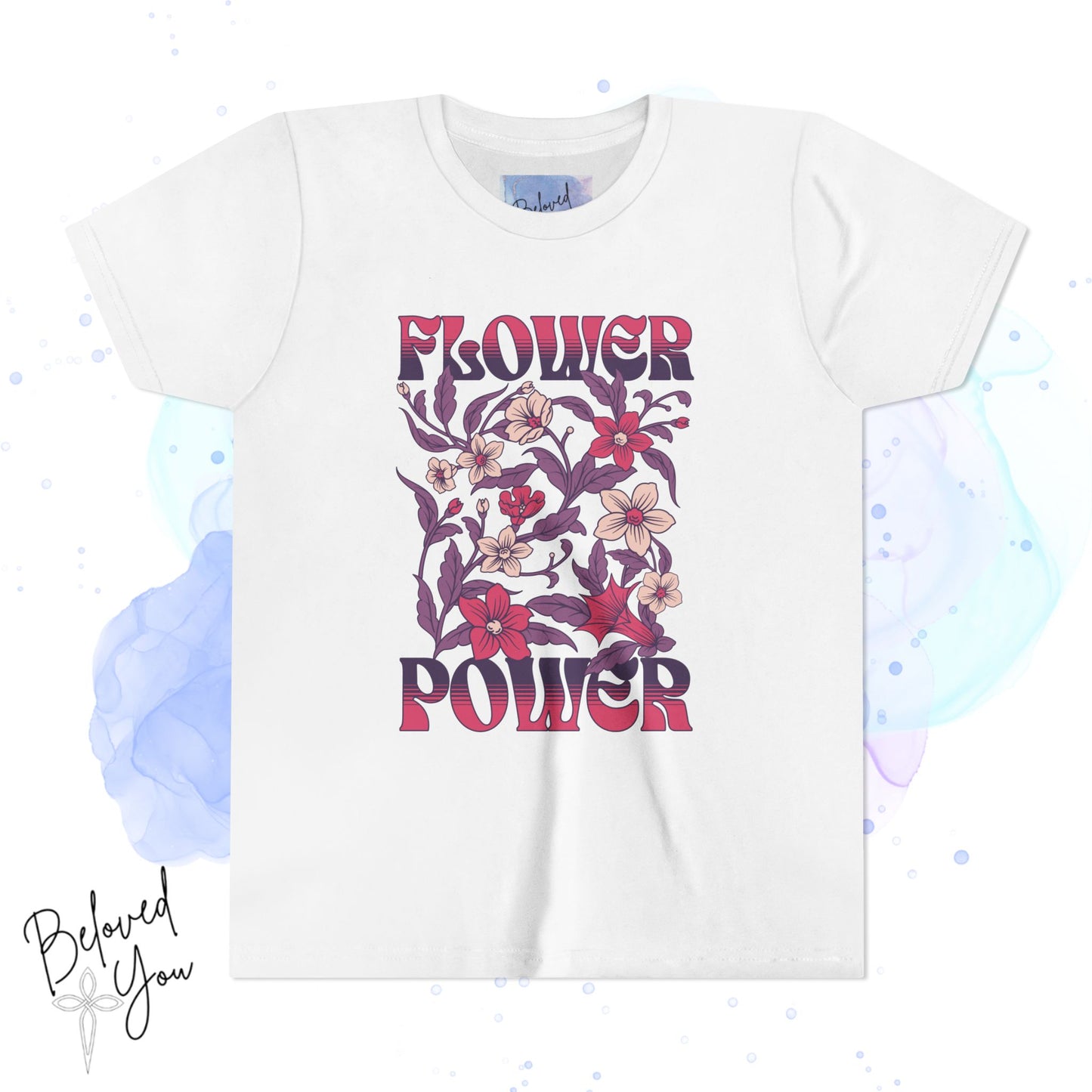 Flower Power Pink/Purple Youth Short Sleeve Tee | Floral Youth T-Shirt