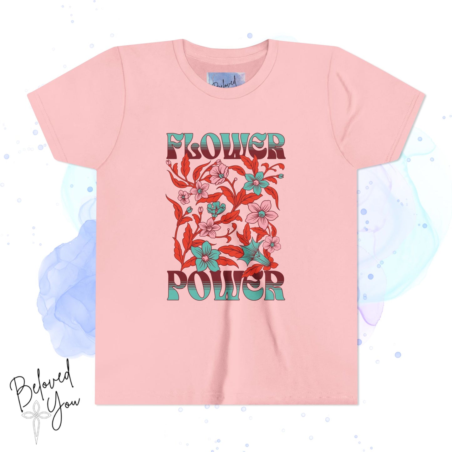 Flower Power Teal/Red Youth Short Sleeve Tee | Floral Youth T-Shirt