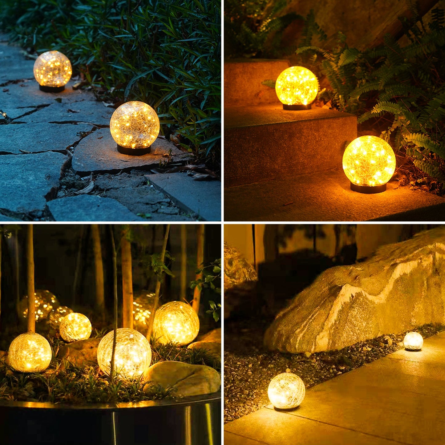 2Pcs Solar Lights Outdoor Cracked Glass Ball Warm Lights