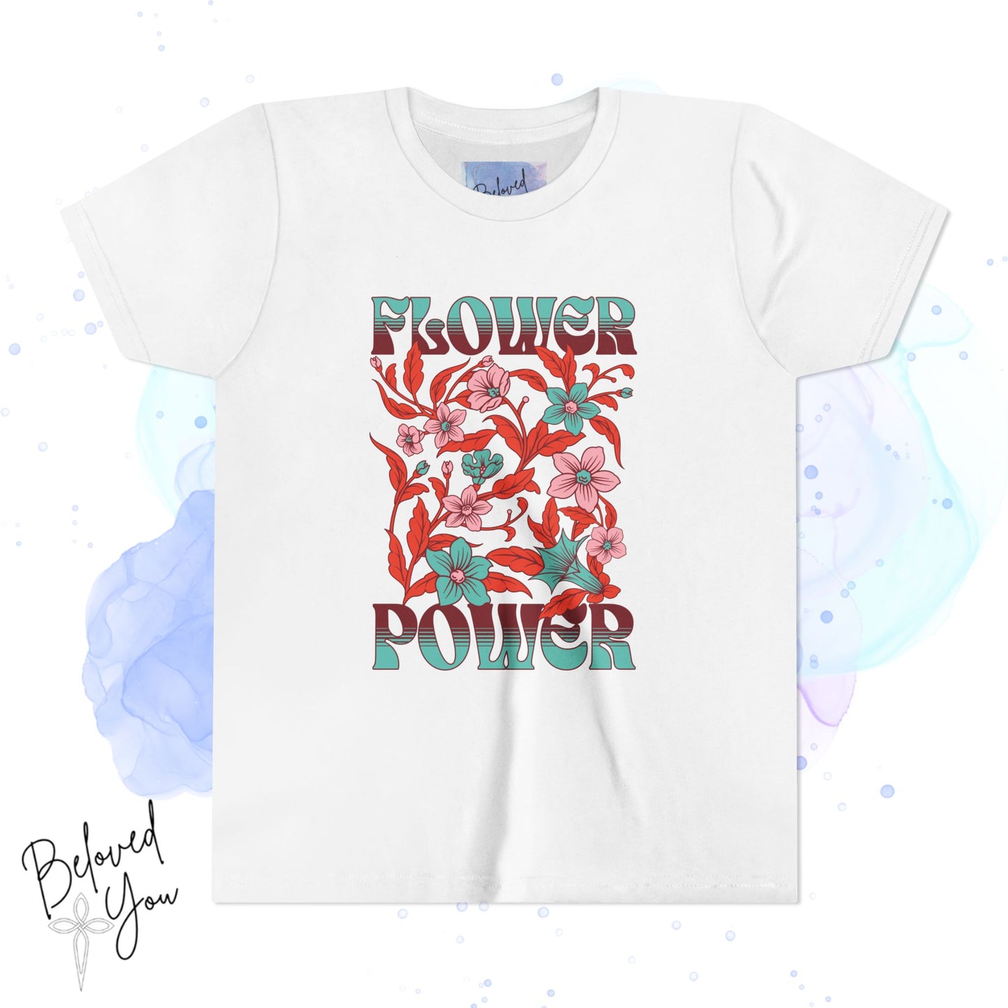 Flower Power Teal/Red Youth Short Sleeve Tee | Floral Youth T-Shirt