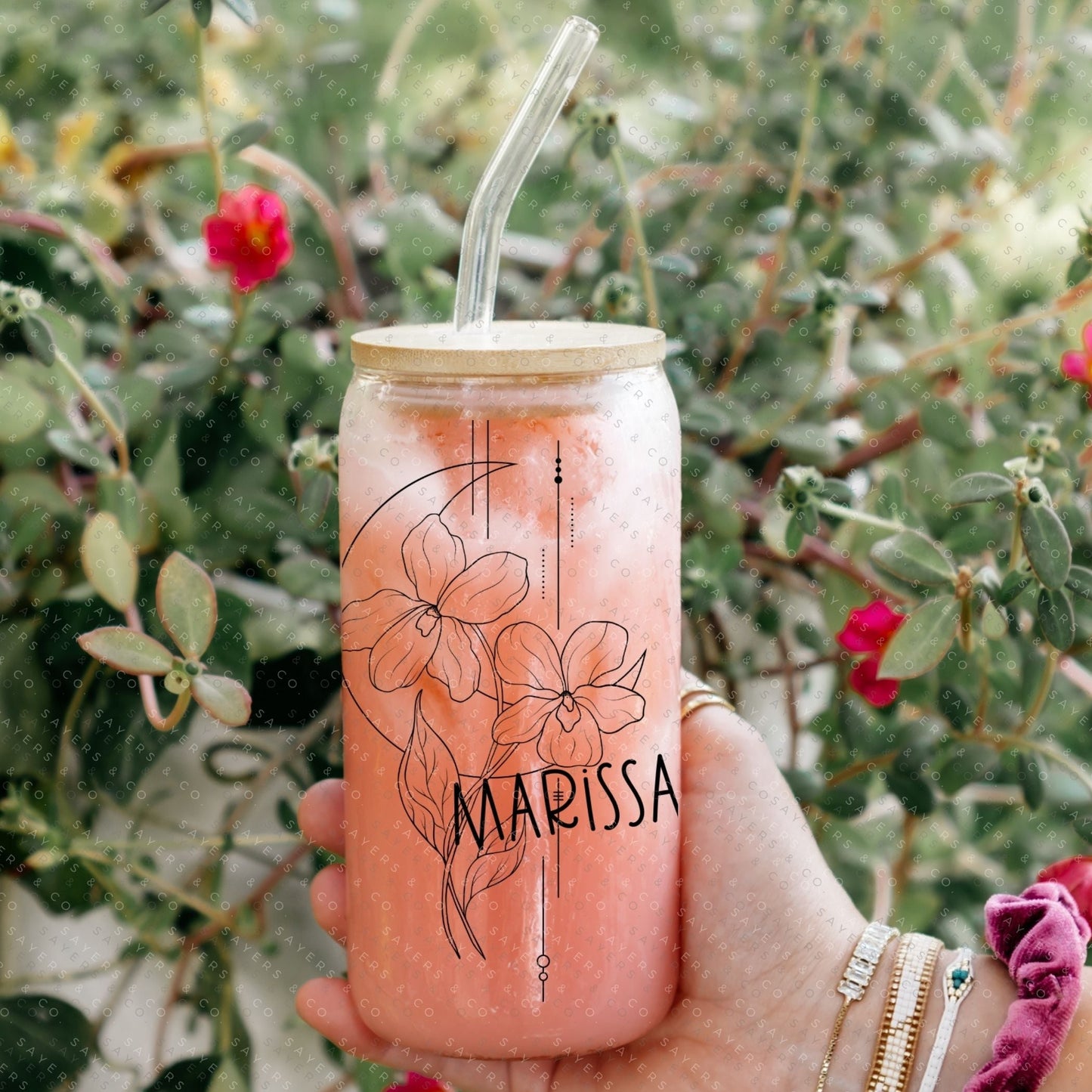 Personalized Birth Flower Glass Can with Bamboo Lid & Straw