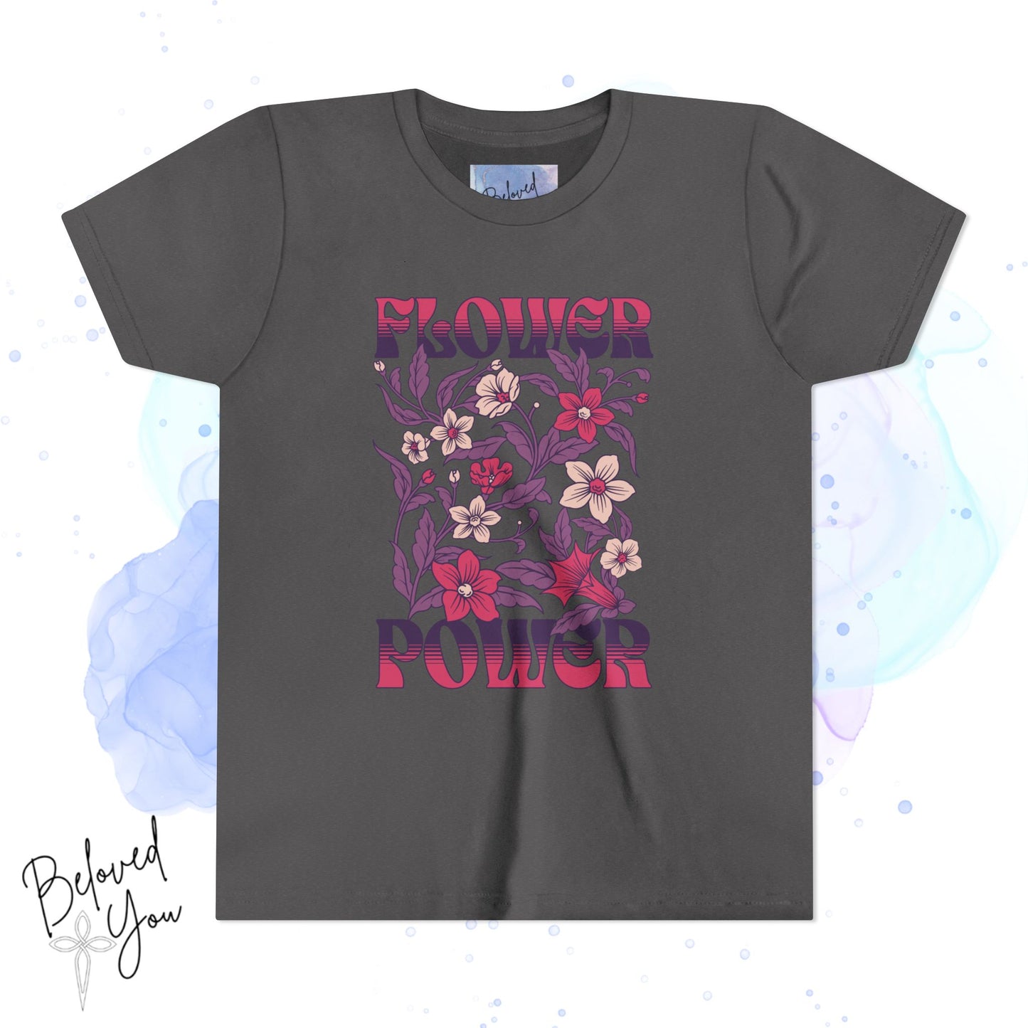 Flower Power Pink/Purple Youth Short Sleeve Tee | Floral Youth T-Shirt