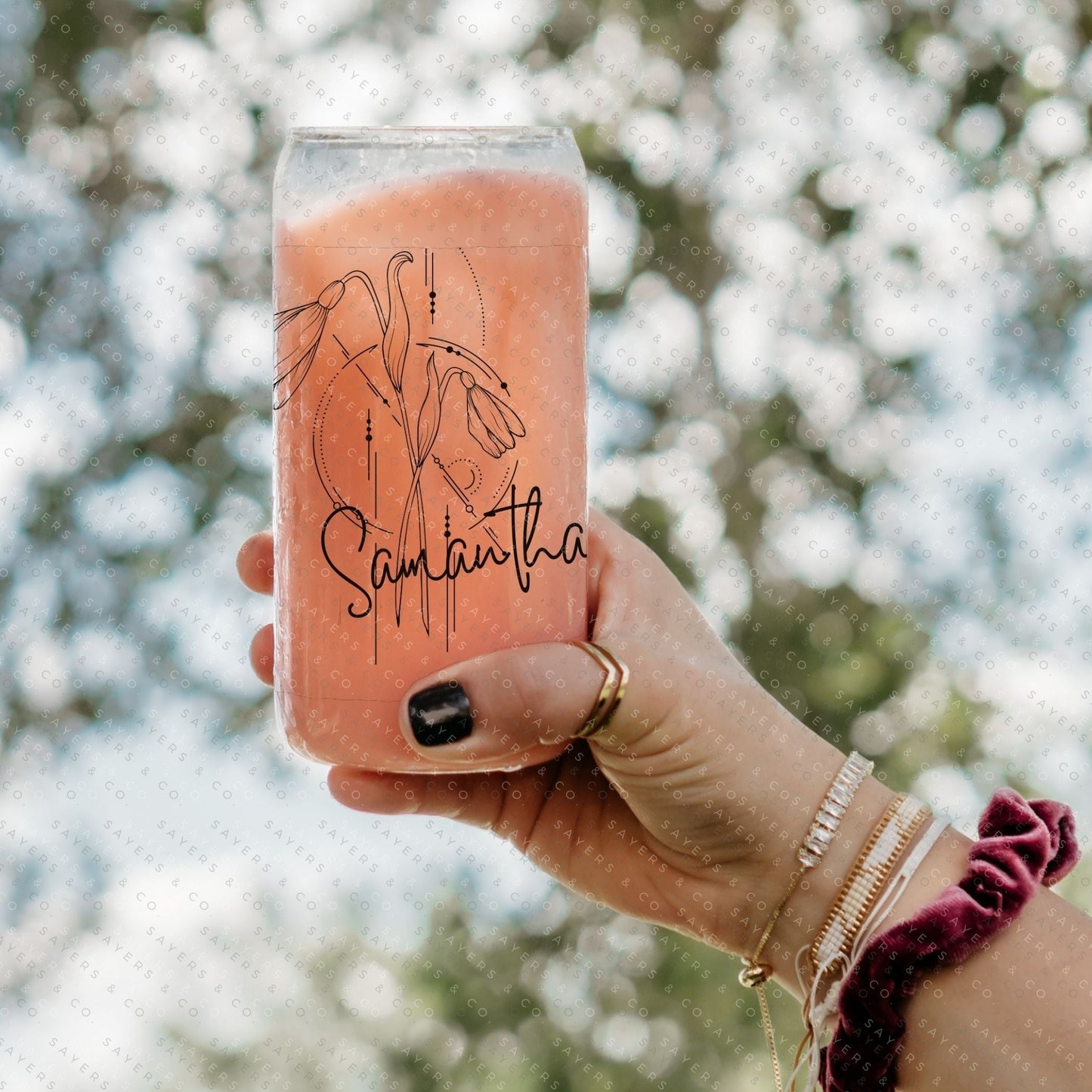 Personalized Birth Flower Glass Can with Bamboo Lid & Straw