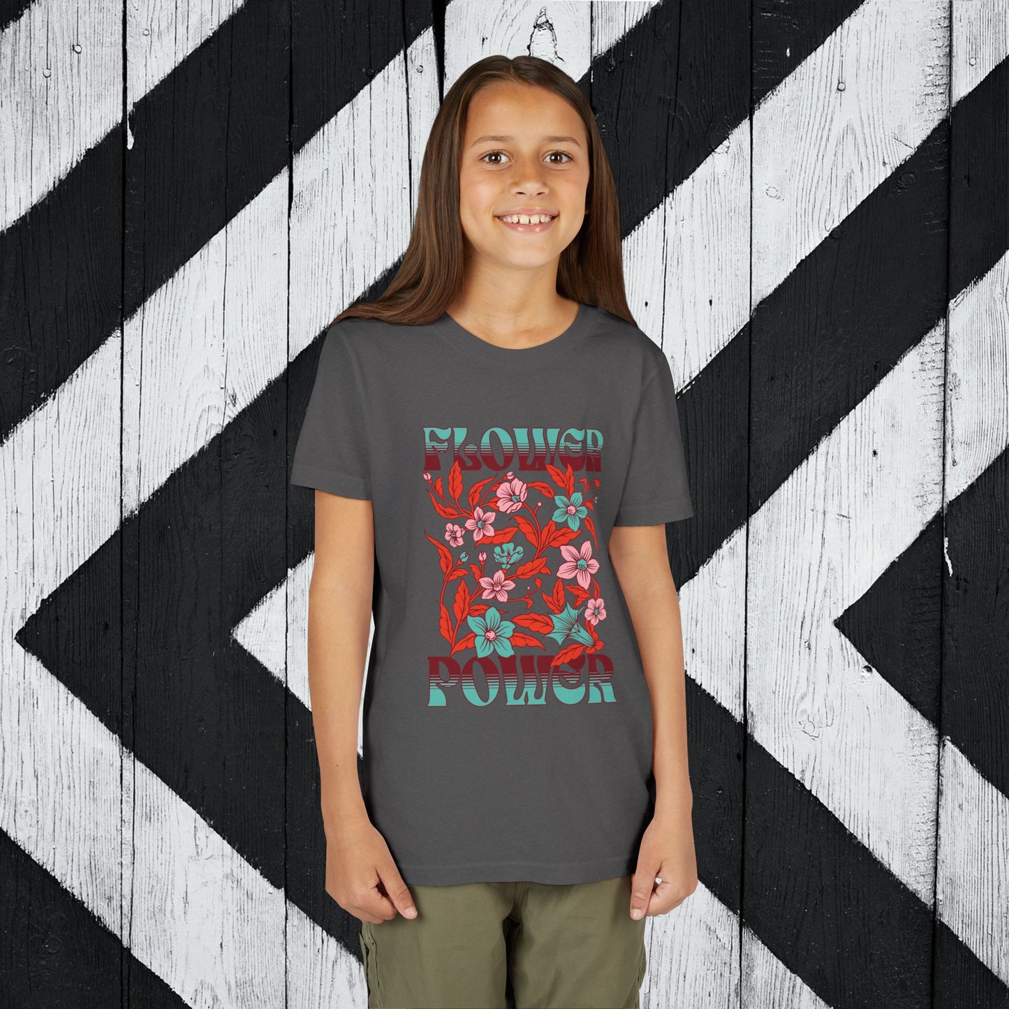 Flower Power Teal/Red Youth Short Sleeve Tee | Floral Youth T-Shirt