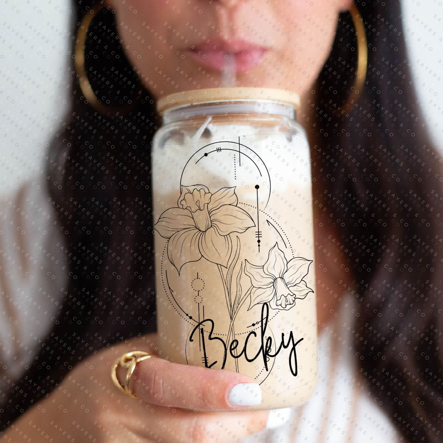 Personalized Birth Flower Glass Can with Bamboo Lid & Straw