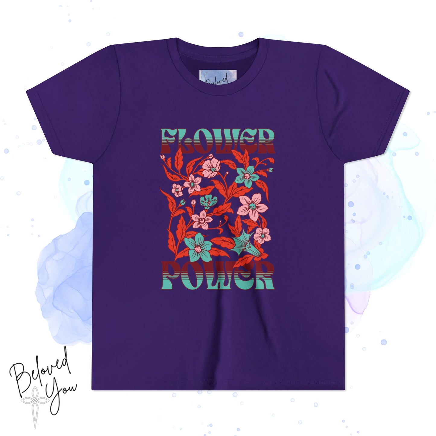 Flower Power Teal/Red Youth Short Sleeve Tee | Floral Youth T-Shirt