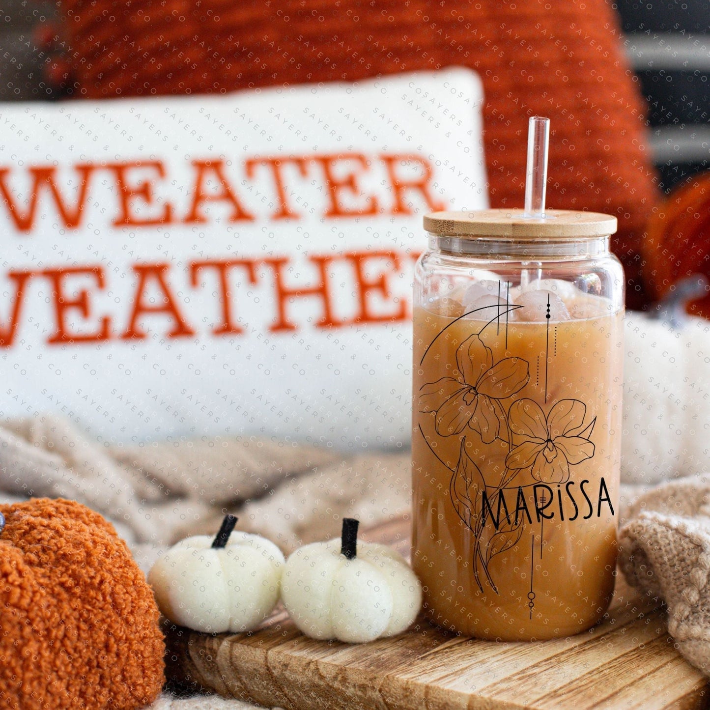 Personalized Birth Flower Glass Can with Bamboo Lid & Straw