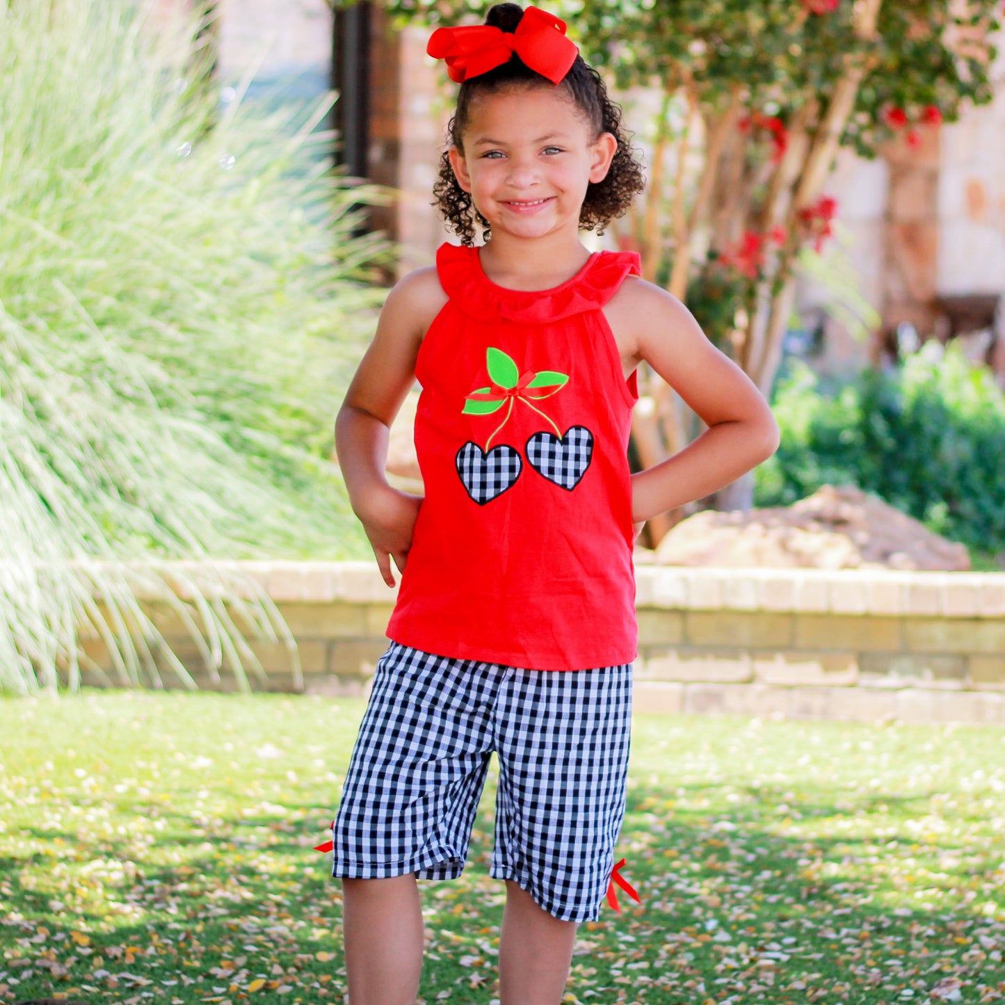 Girls Red Cherry Ruffled Tunic and Gingham Woven Shorts Outfit