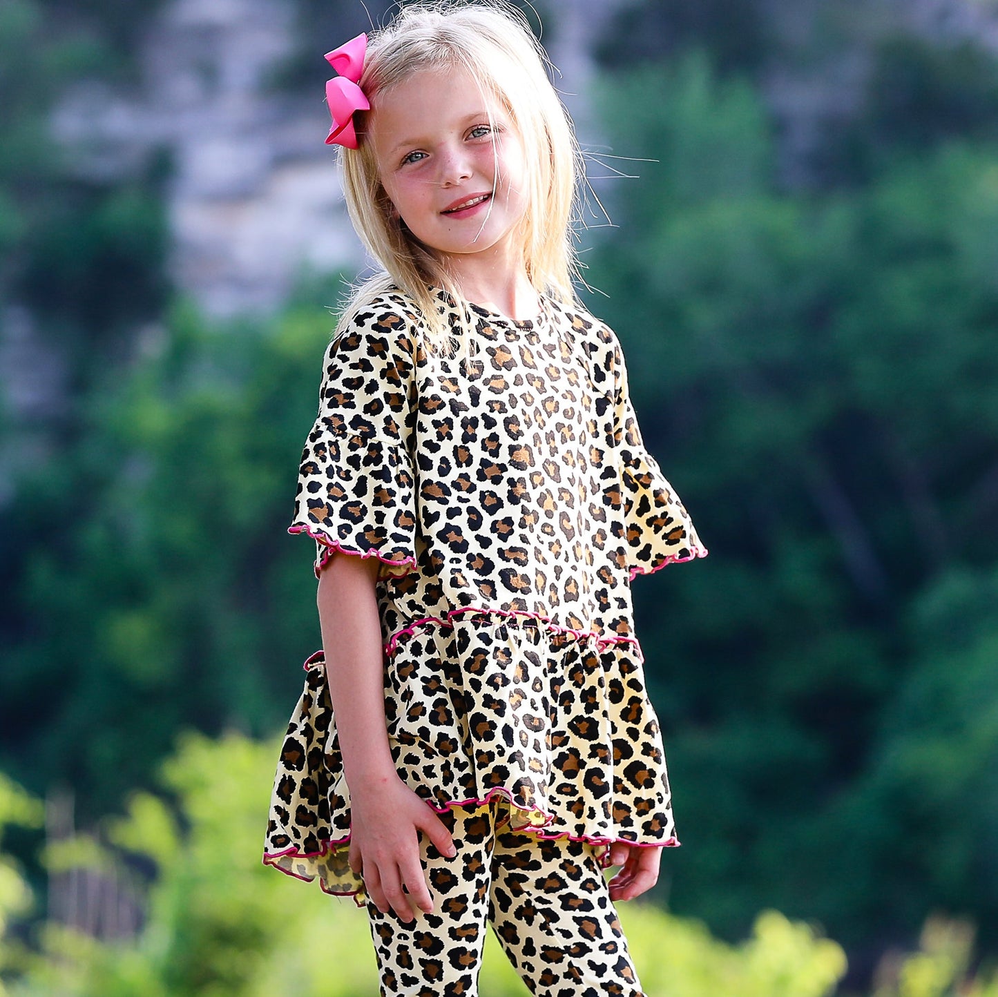 AnnLoren Little Girls 3/4 Angel Sleeve Leopard Cotton Knit Ruffle