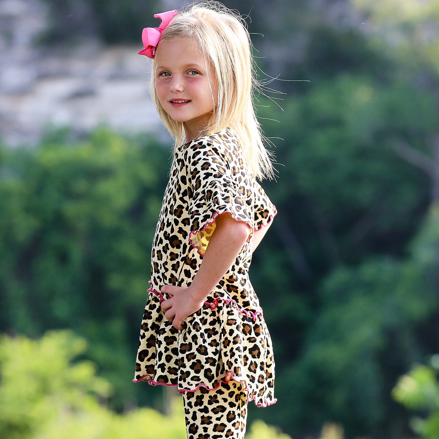 AnnLoren Little Girls 3/4 Angel Sleeve Leopard Cotton Knit Ruffle