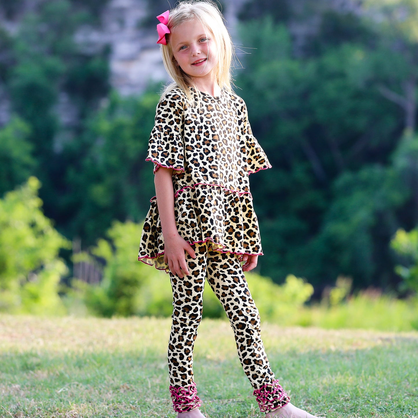 AnnLoren Little Girls 3/4 Angel Sleeve Leopard Cotton Knit Ruffle