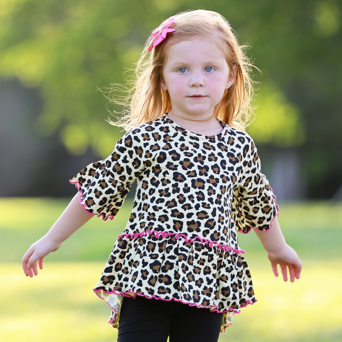 AnnLoren Little Girls 3/4 Angel Sleeve Leopard Cotton Knit Ruffle