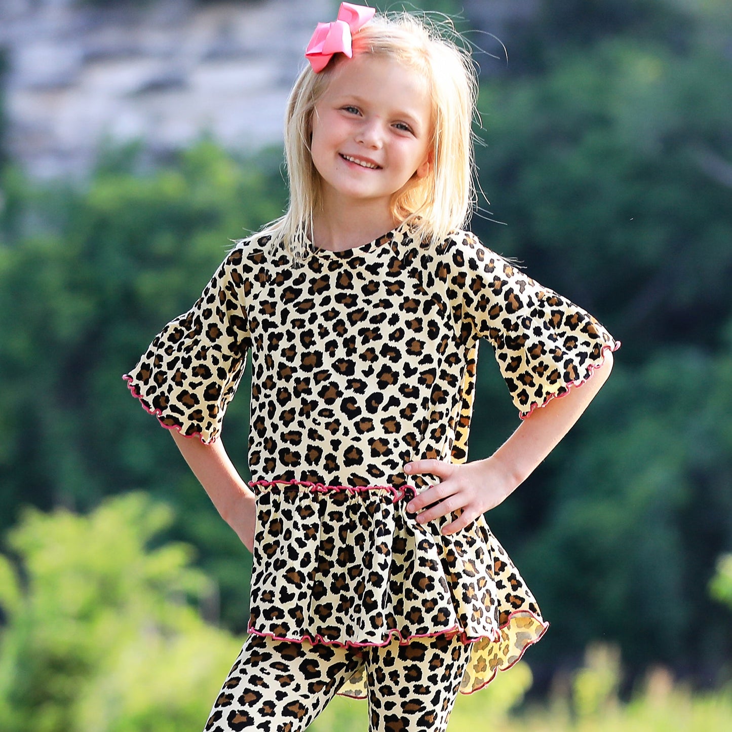 AnnLoren Little Girls 3/4 Angel Sleeve Leopard Cotton Knit Ruffle