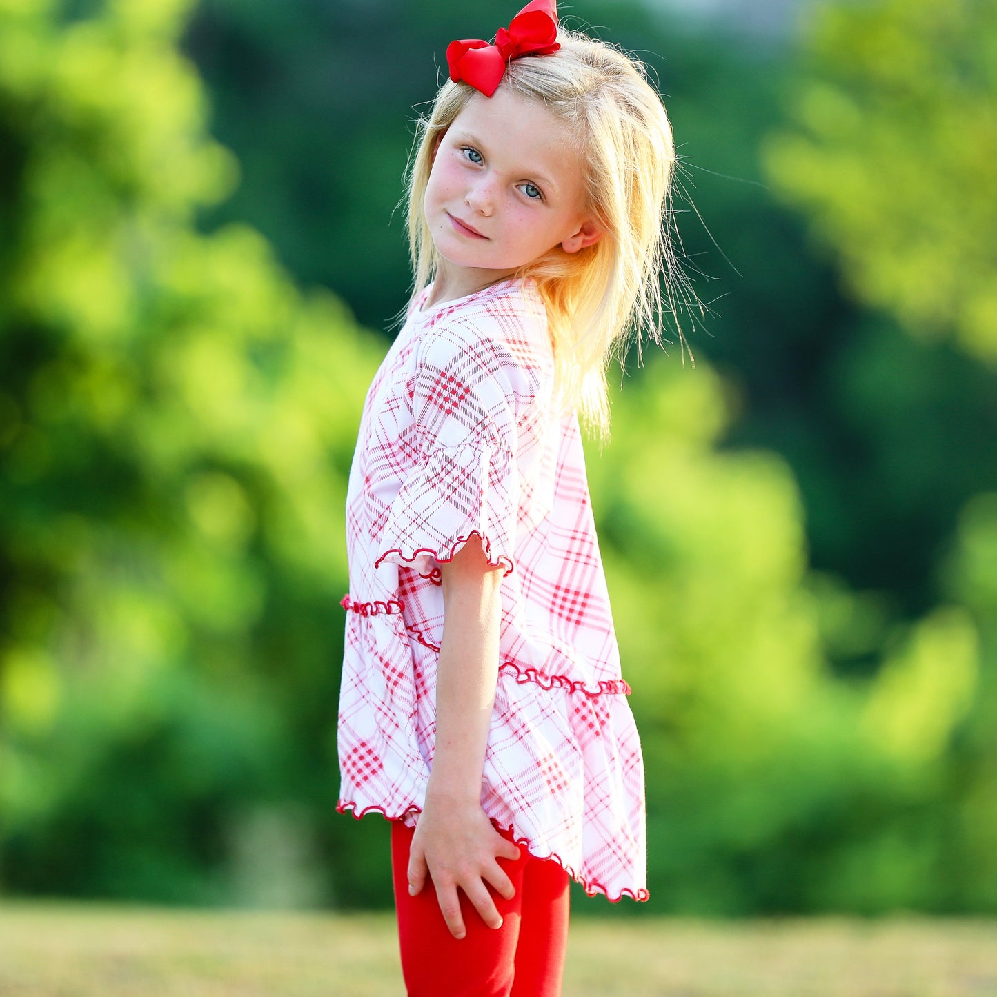 AnnLoren Little & Big Girls 3/4 Angel Sleeve Red Plaid Cotton Knit