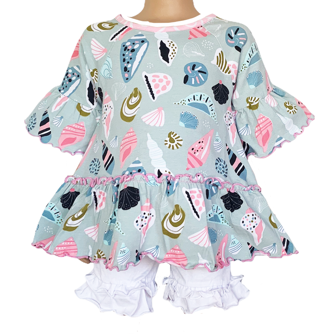 AnnLoren Girls Seashell  3/4 Angel Sleeve Cotton Knit Shirt