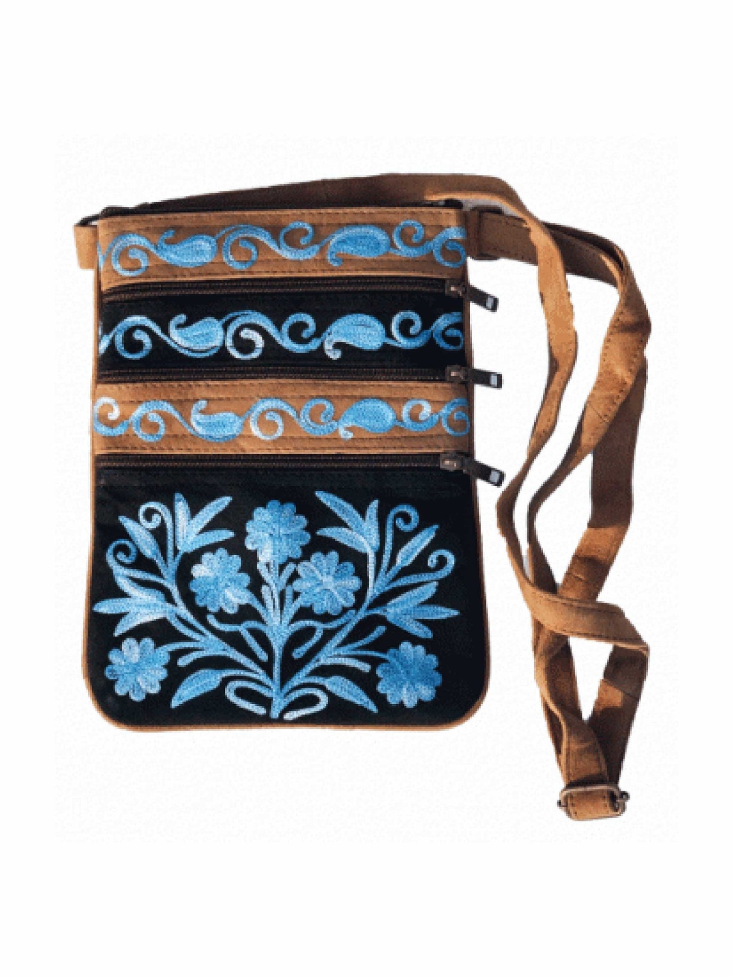 Blue And Black Suede Embroidered Cross-Body Bag