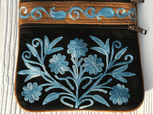 Blue And Black Suede Embroidered Cross-Body Bag