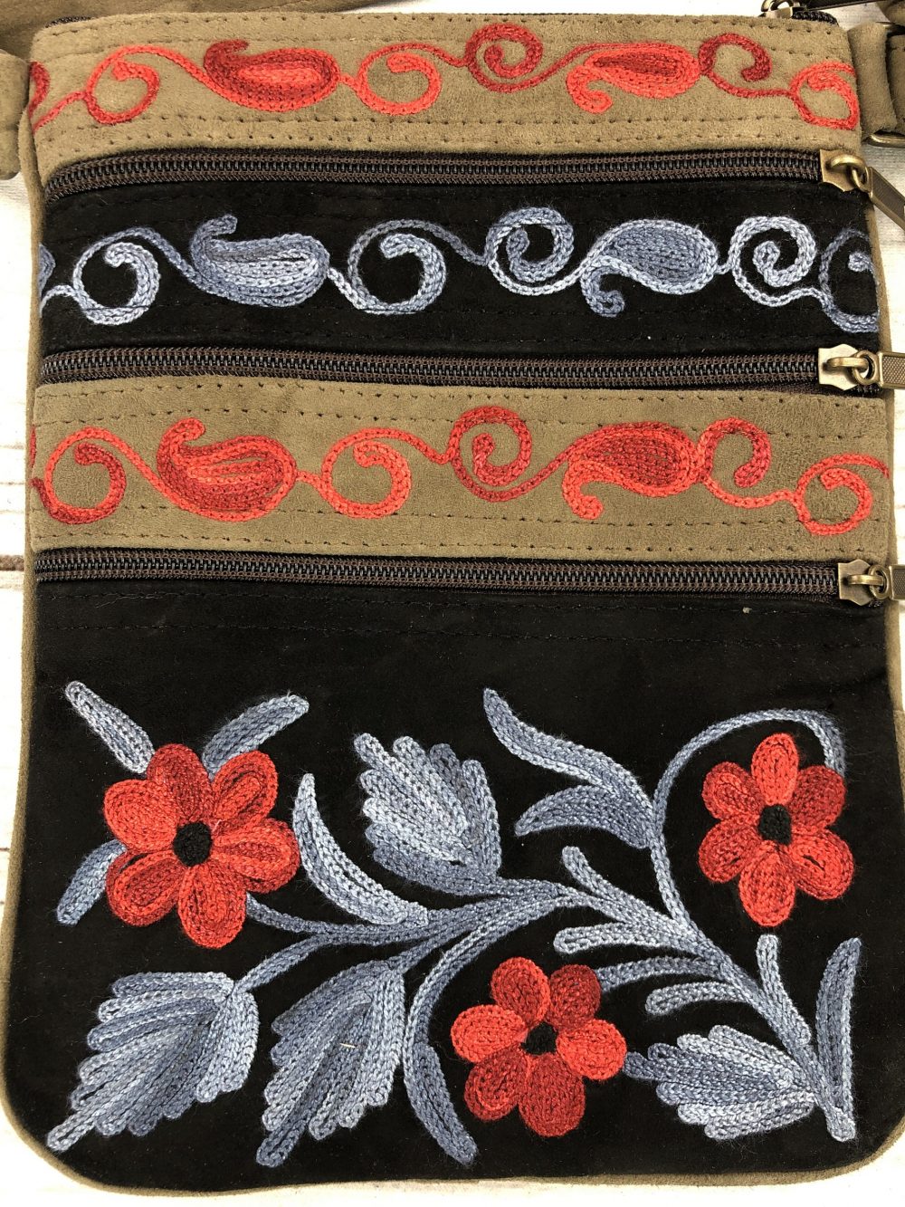 Black And Grey Suede Embroidered Crossbody Bag