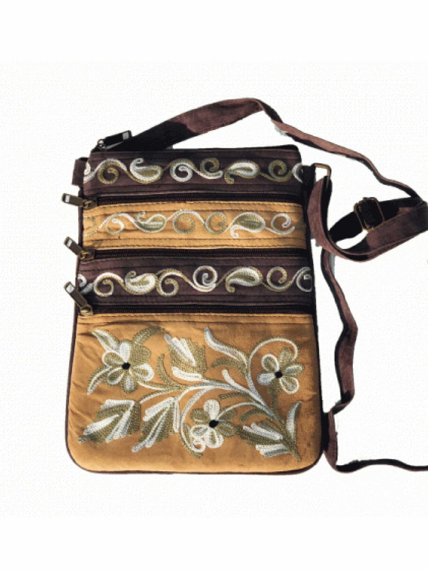 Suede Embroidered Five Zipper Cross-Body Bag