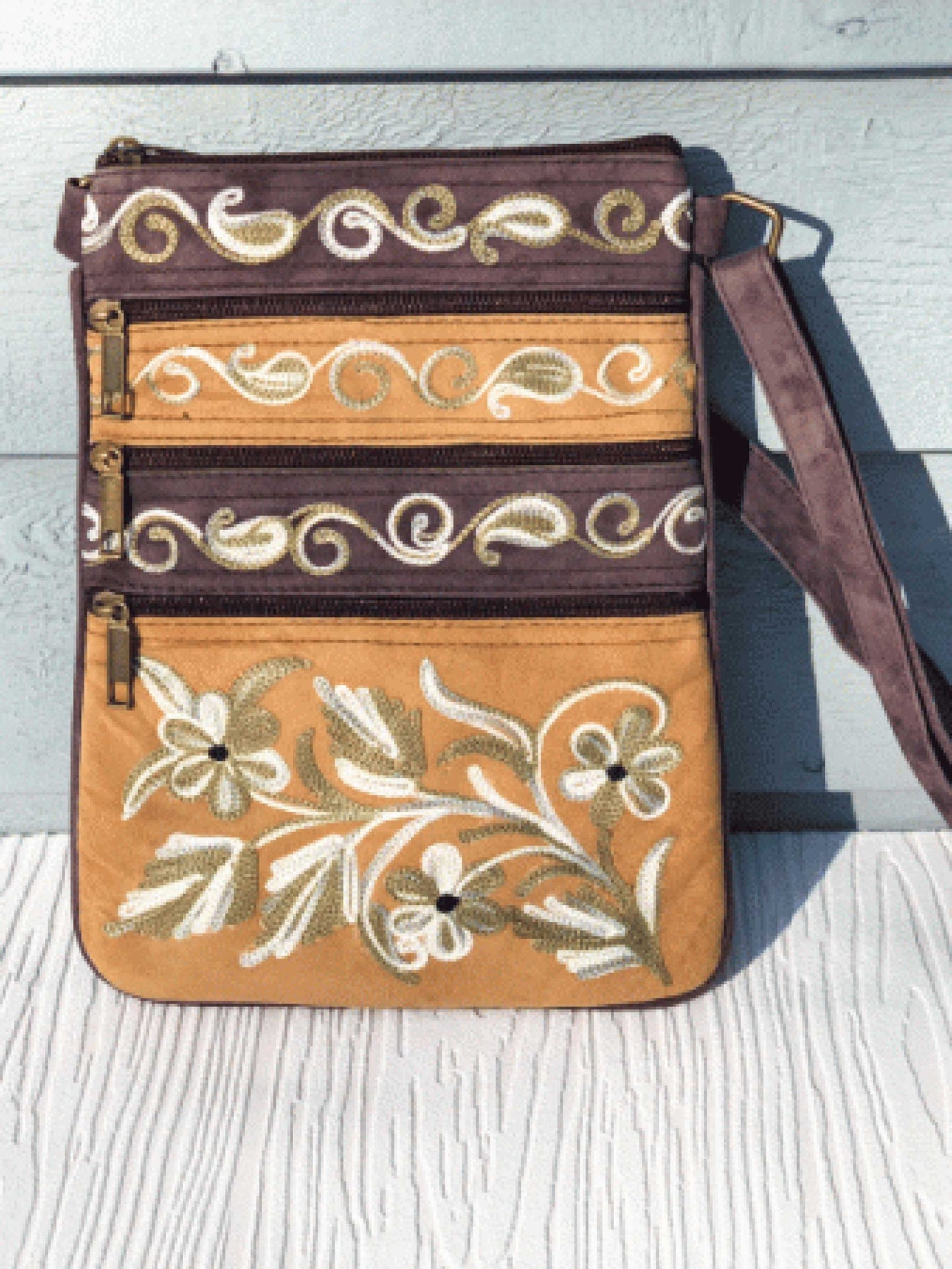 Suede Embroidered Five Zipper Cross-Body Bag