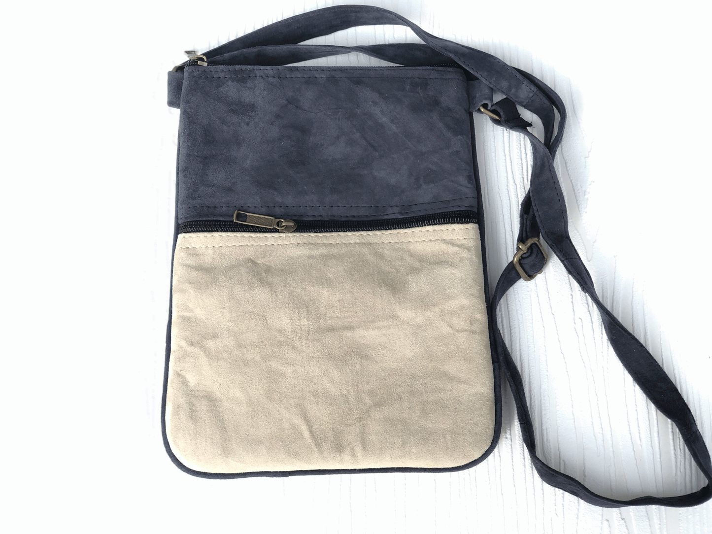 Suede Embroidered Gray and Navy Five Zipper Cross Body Bag