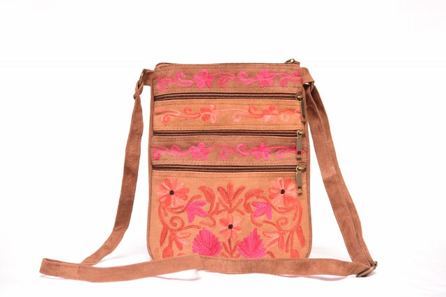 Suede Embroidered Five Zipper Cross-Body Bag