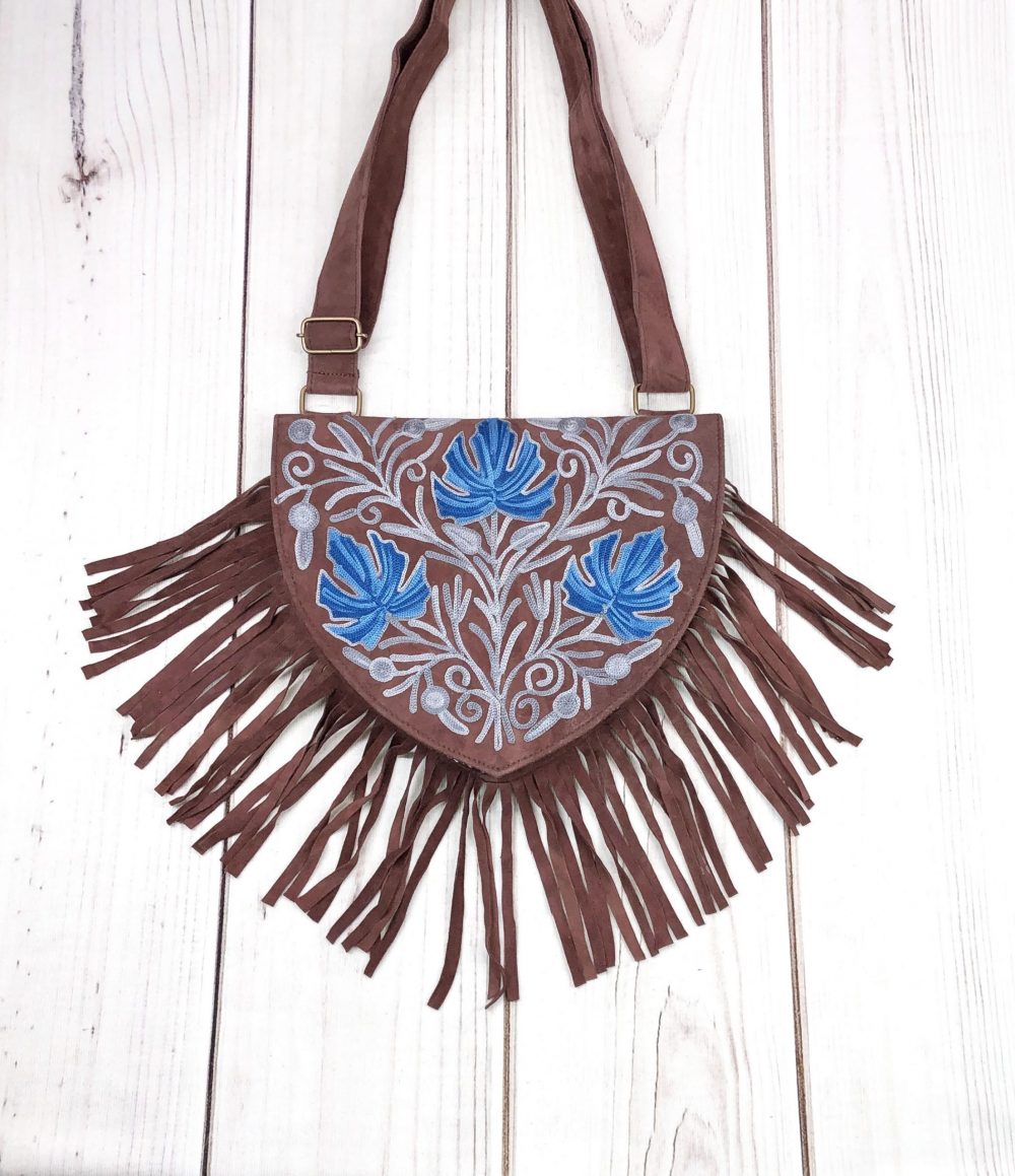 Fringed Handmade Suede Embroidered Heart Shaped Bag