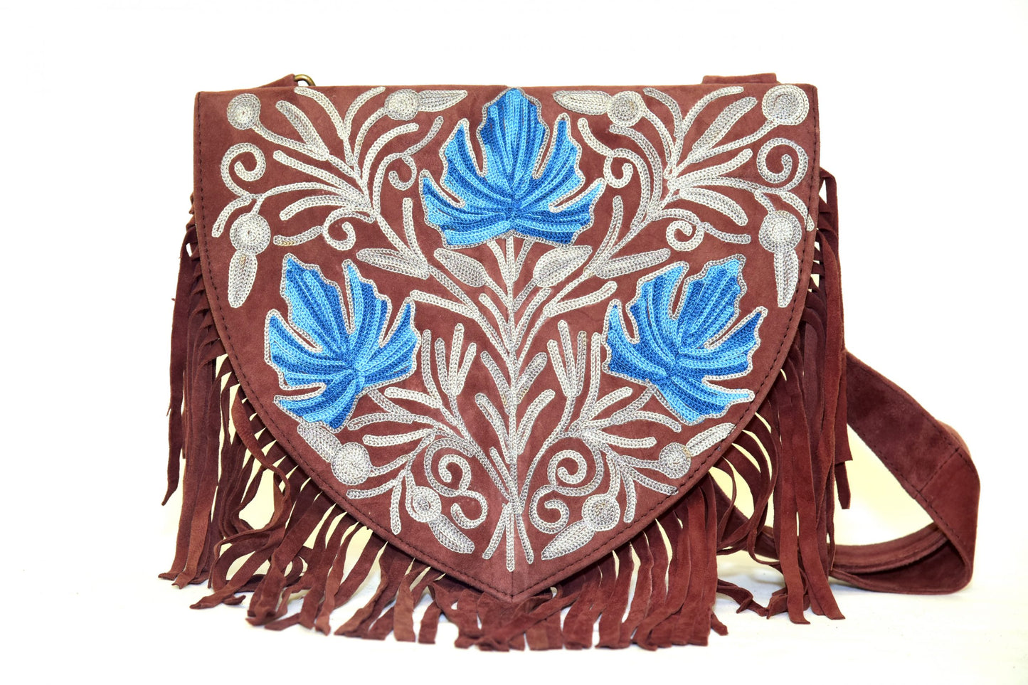 Fringed Handmade Suede Embroidered Heart Shaped Bag