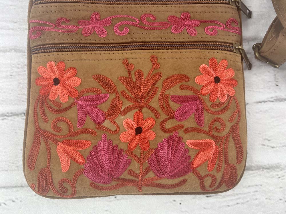 Suede Embroidered Five Zipper Cross-Body Bag