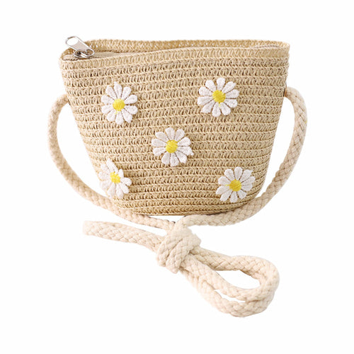 Girls Daisy Flower Decor Straw Crossbody Bag