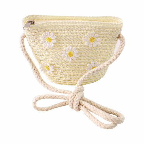 Girls Daisy Flower Decor Straw Crossbody Bag