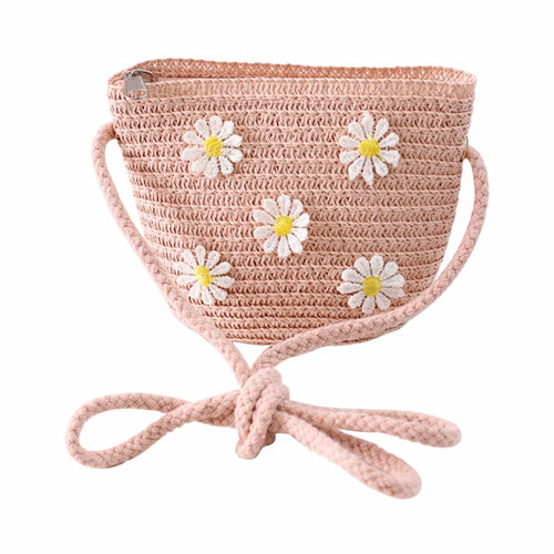 Girls Daisy Flower Decor Straw Crossbody Bag